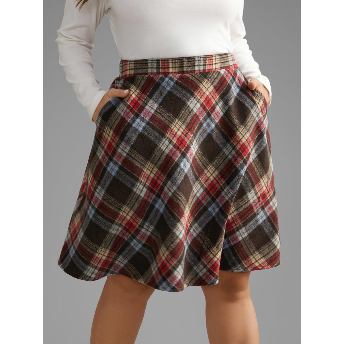 Plus Size Plaid Pattern Elastic Waist A-line Mini Skirt Women DarkBrown Elegant Low stretch Slanted pocket Everyday Skirts BloomChic 26/4X Product Image