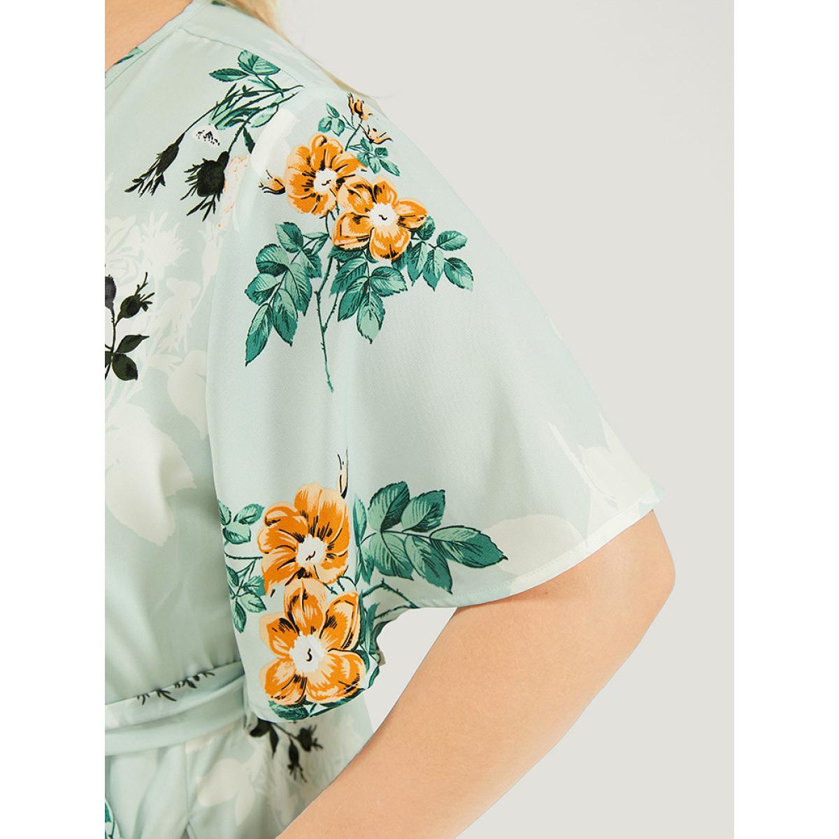 Plus Size Floral Pocket Ruffle Sleeve Wrap Belt Asymmetrical Hem Dress LightGreen Women Elegant Cross straps V-neck Short sleeve Curvy Midi Dress BloomChic 30/6X Product Image