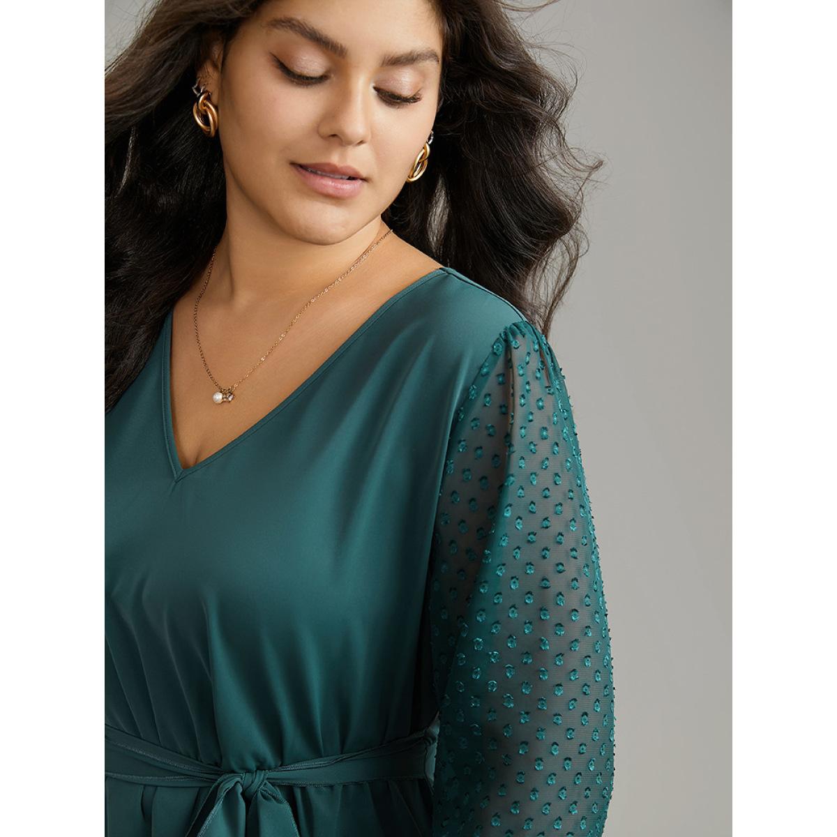 Plus Size Arctic Static-Free Plain Patchwork Mesh Texture Ties Blouse Women Office Long Sleeve V-neck Office Blouses BloomChic 28/5X Product Image