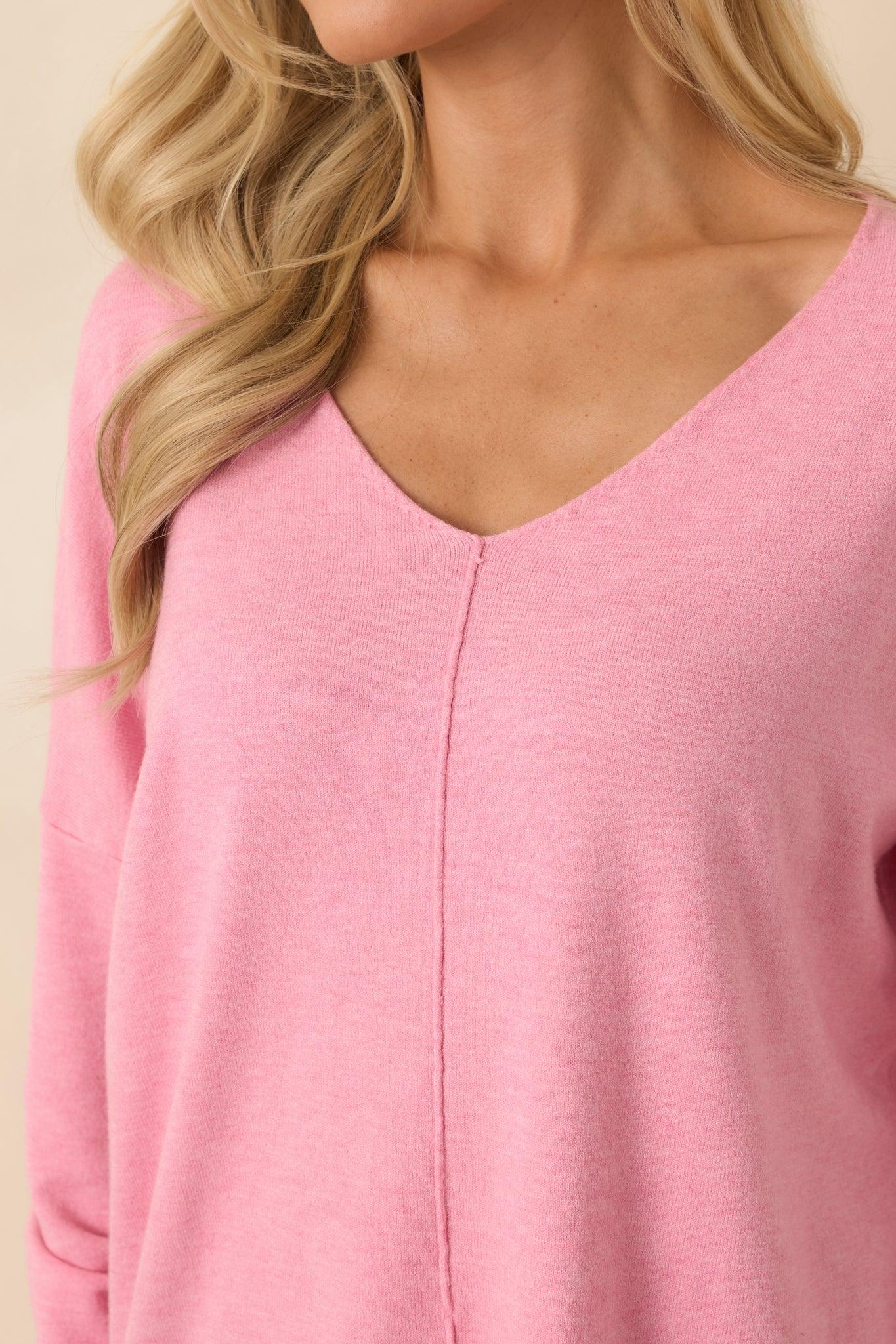 Wind Down Bubblegum Pink Knit Long Sleeve V-Neck Sweater Product Image