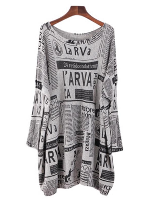 Vintage Loose One-Shoulder Newspaper Printed Split-Joint Sweater Product Image