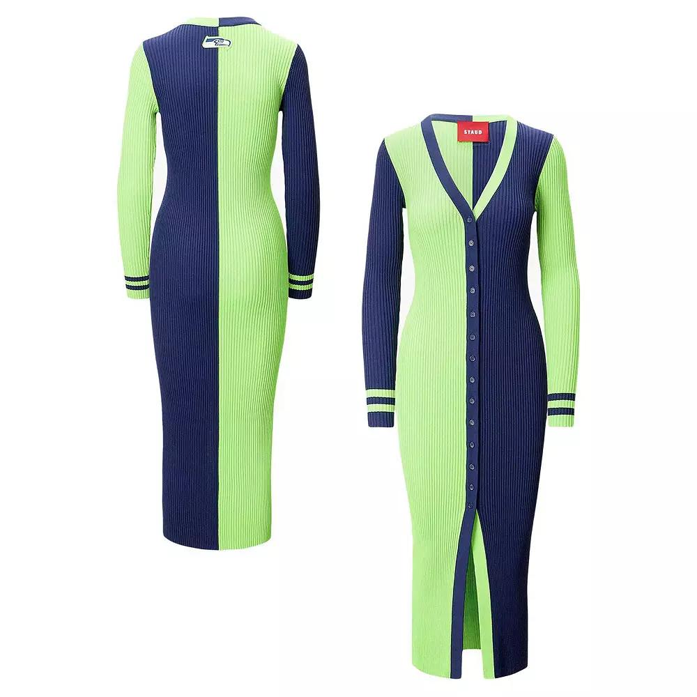 Women's Neon Green/College Navy Seattle Seahawks Shoko Knit Button-Up Sweater Dress, Size: Large, Brt Gr Product Image