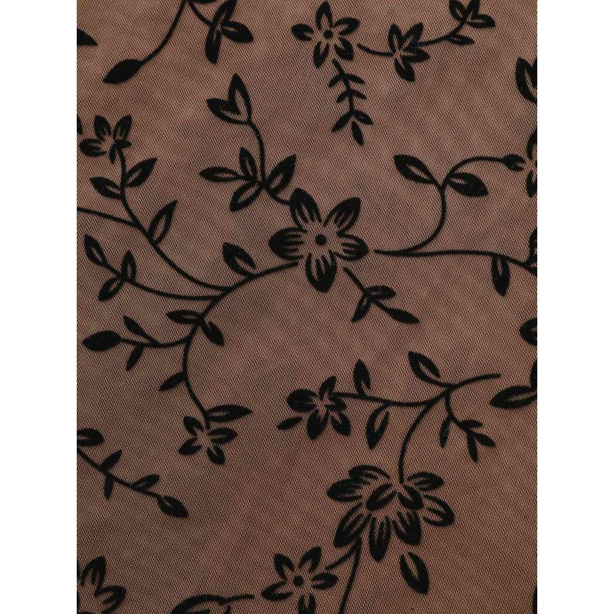 Plus Size Floral Flocking Mesh Mock Neck T-shirt DarkBrown Women Elegant See through Stand-up collar Skinny Everyday T-shirts BloomChic 26/4X Product Image