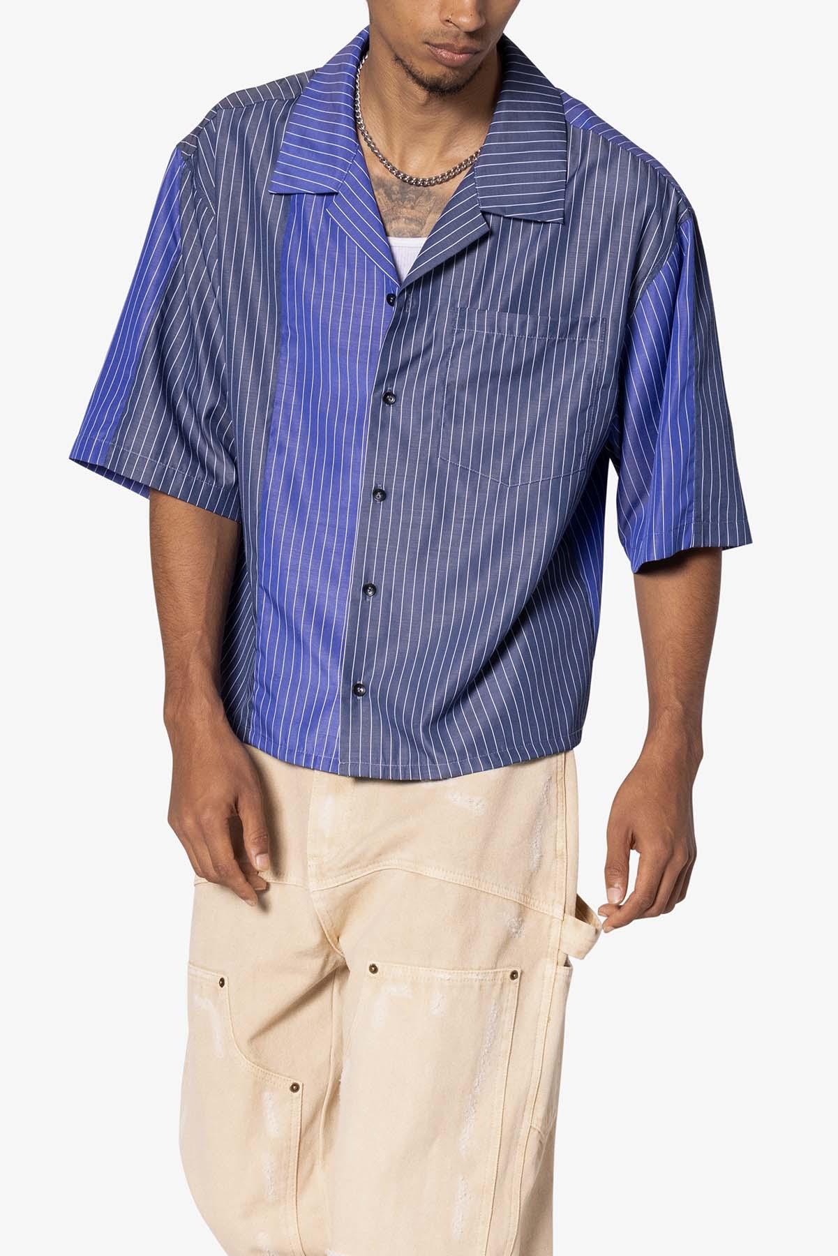 Cropped Panel Stripe Short Sleeve Shirt - Blue Product Image