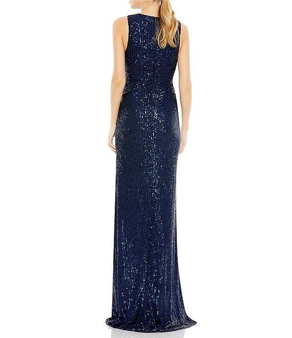 Mac Duggal V-Neck Sleeveless Ruched Waist Front Slit Sequin Gown Product Image