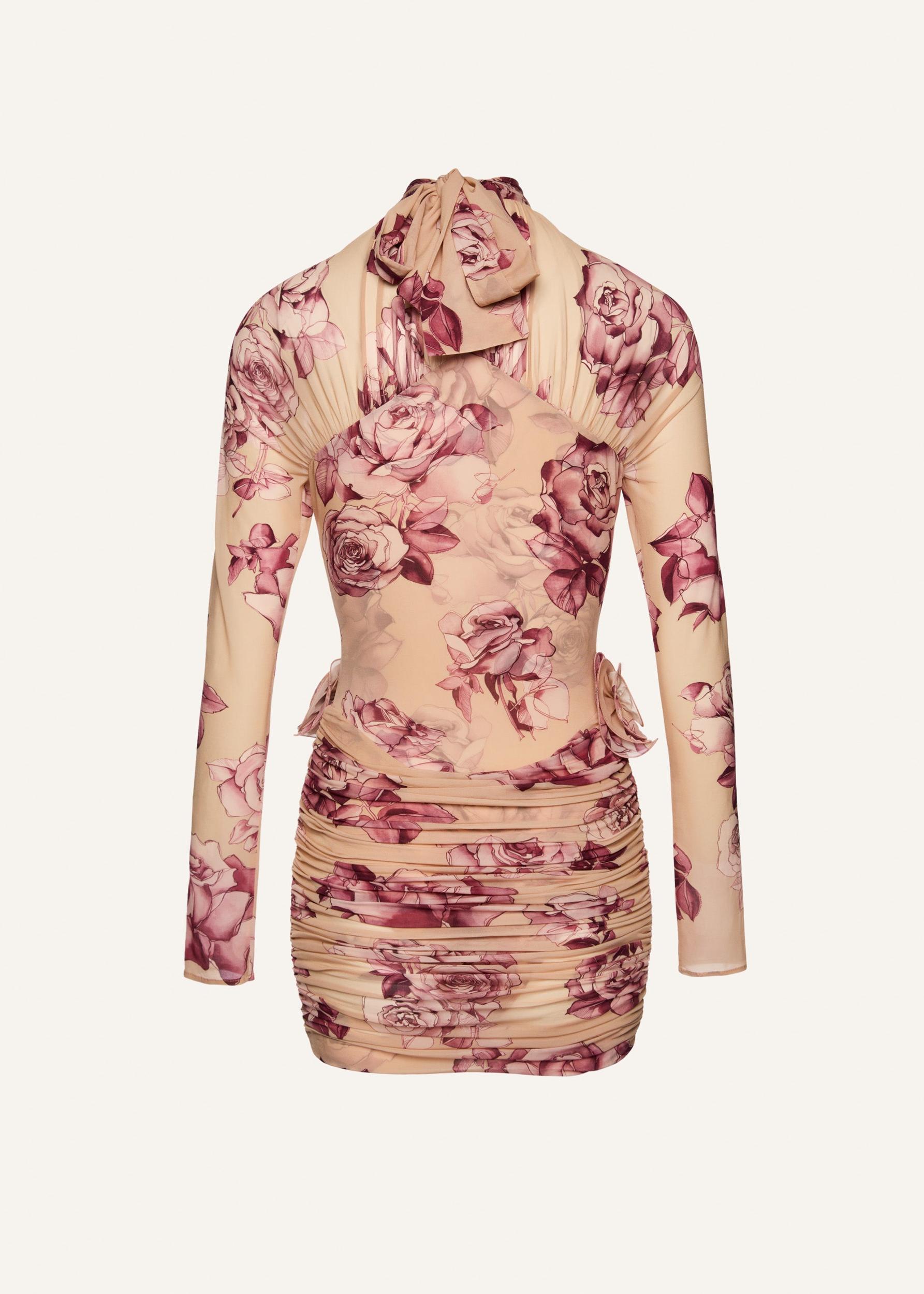 Sheer long sleeve bustier midi dress in beige print Product Image