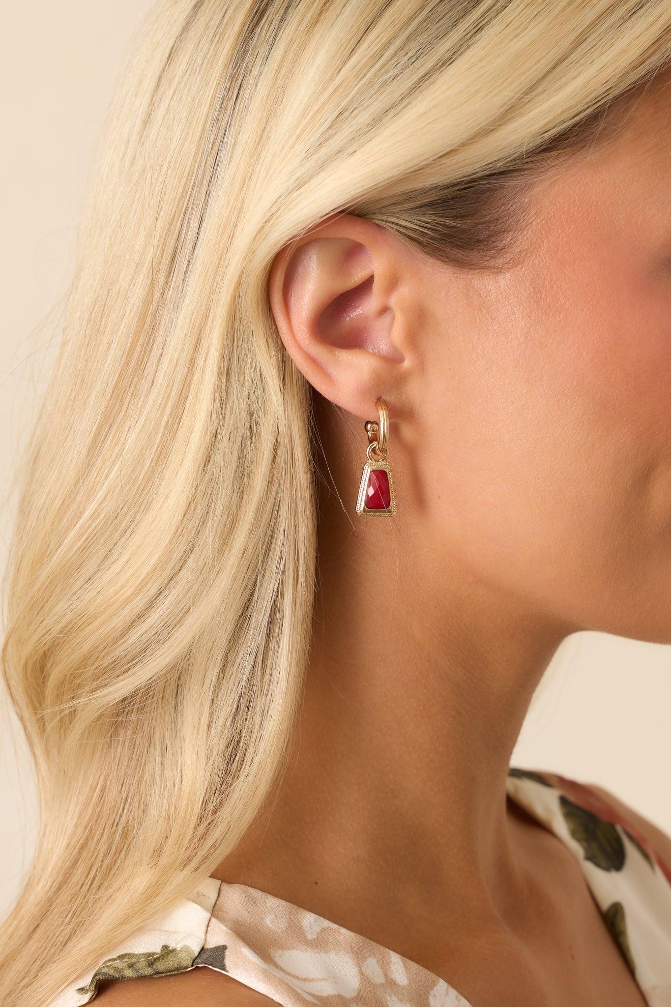 Early Morning Sunrise Gold Textured Red Stone Drop Earrings Product Image