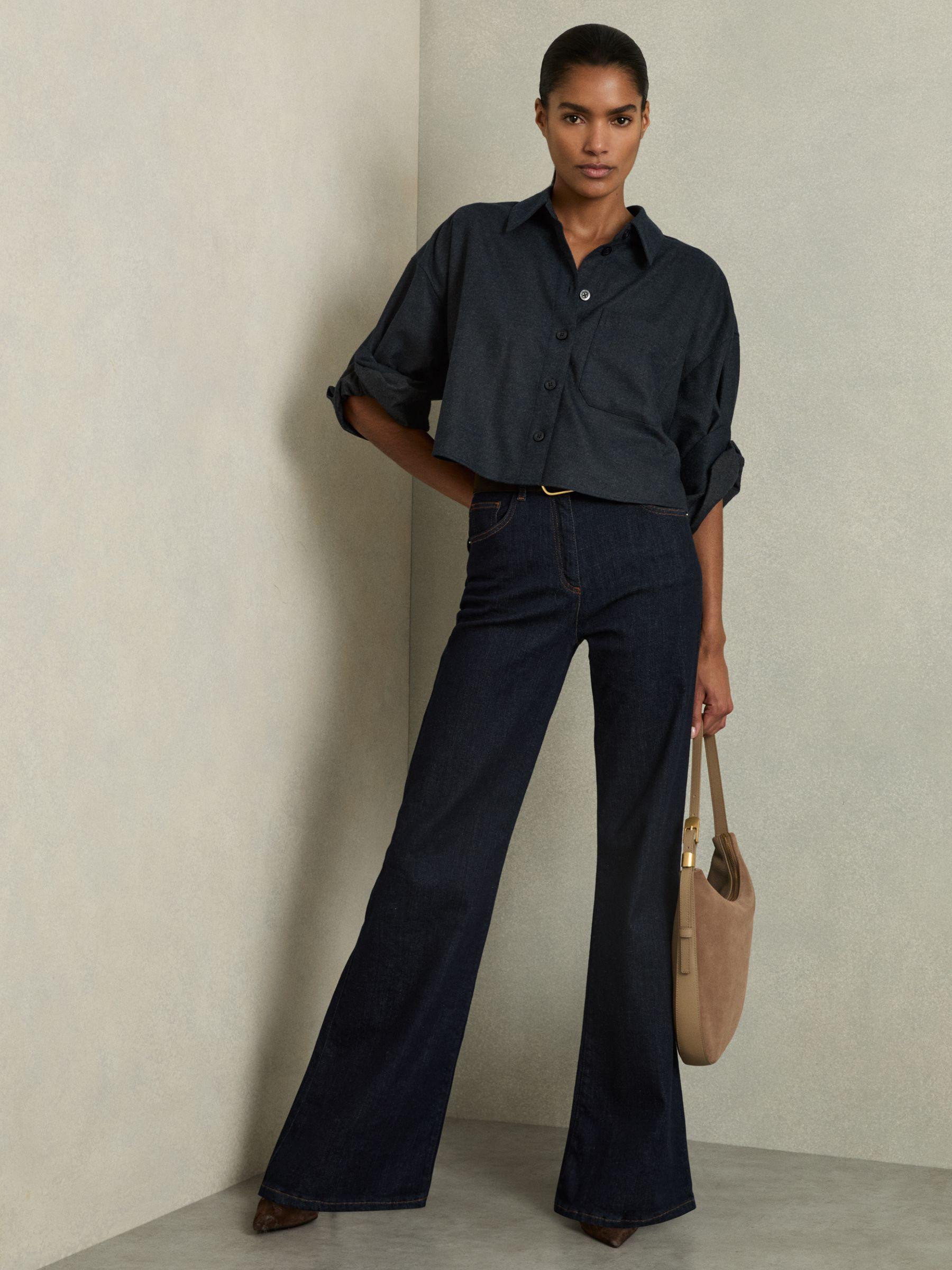 Cropped Flannel Shirt in Navy Product Image