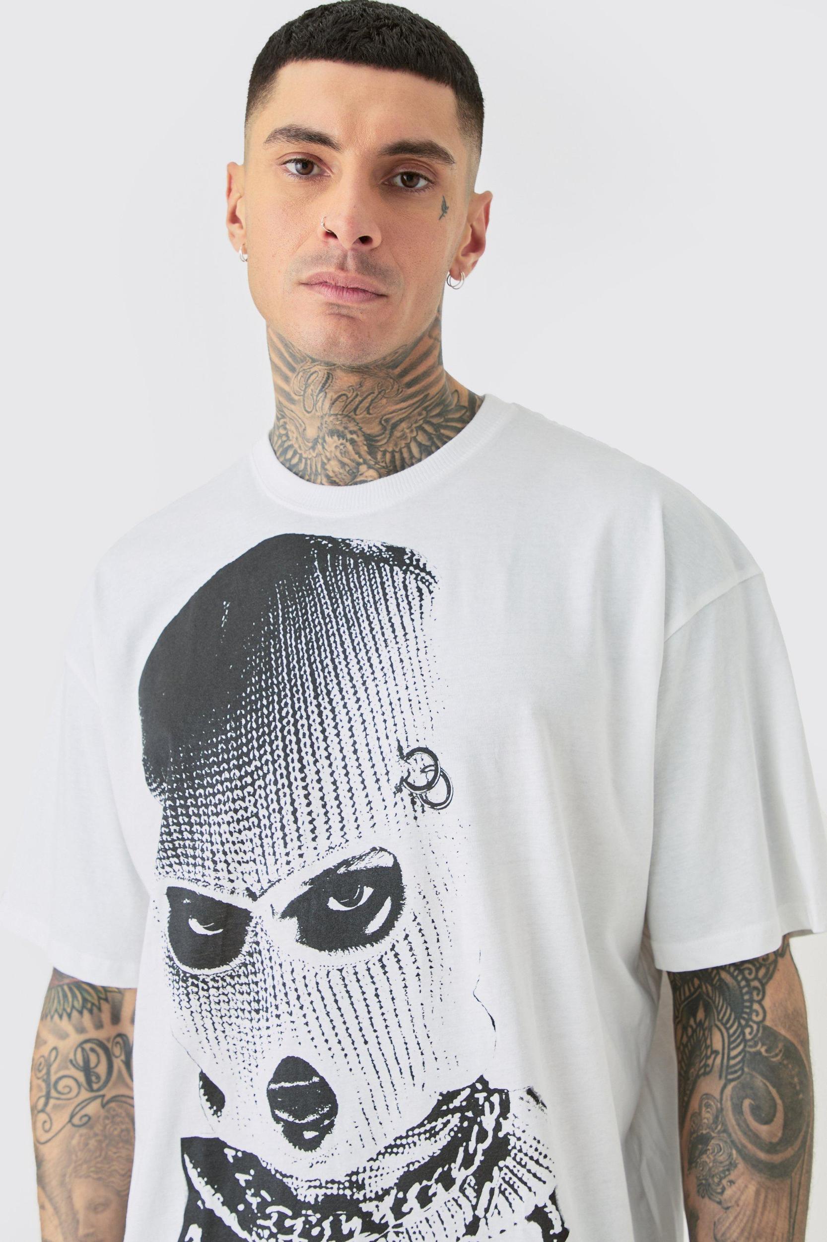 Tall Oversized Mono Balaclava Print T-shirt In White | boohooMAN USA Product Image