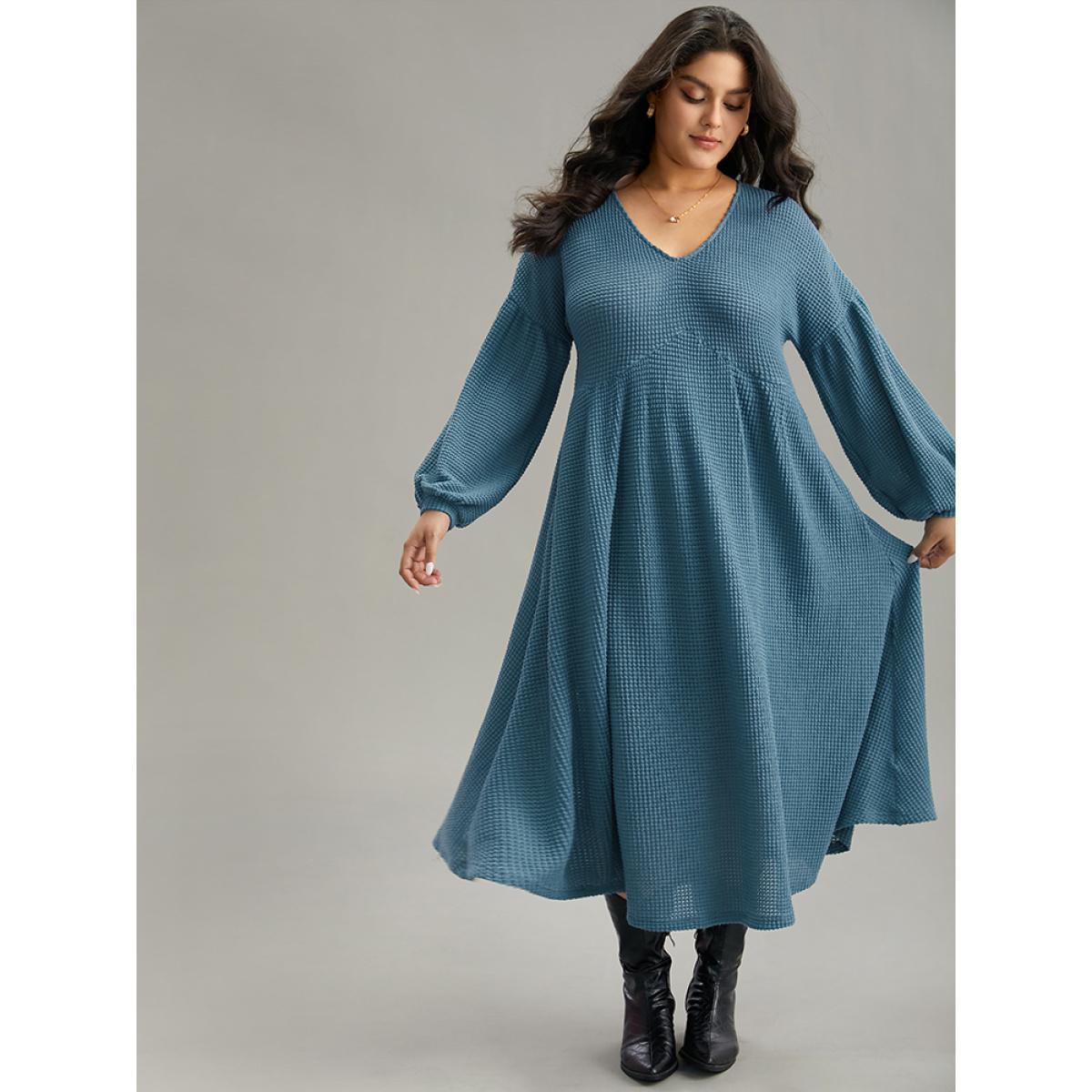 Plus Size Solid Waffle Knit Pocket Lantern Sleeve Dress Aegean Women Casual Texture V-neck Long Sleeve Curvy Midi Dress BloomChic 22-24/3X Product Image