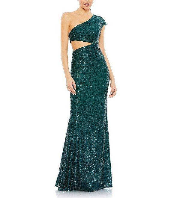 Mac Duggal Sequin One Shoulder Cap Sleeve Cut-Out Gown Product Image