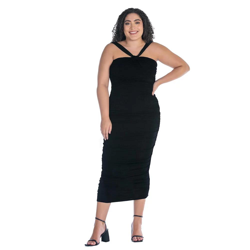 Plus Size 24Seven Comfort Apparel Halter Cross Neck Ruched Bodycon Midi Dress, Women's, Size: 1XL, Black Product Image