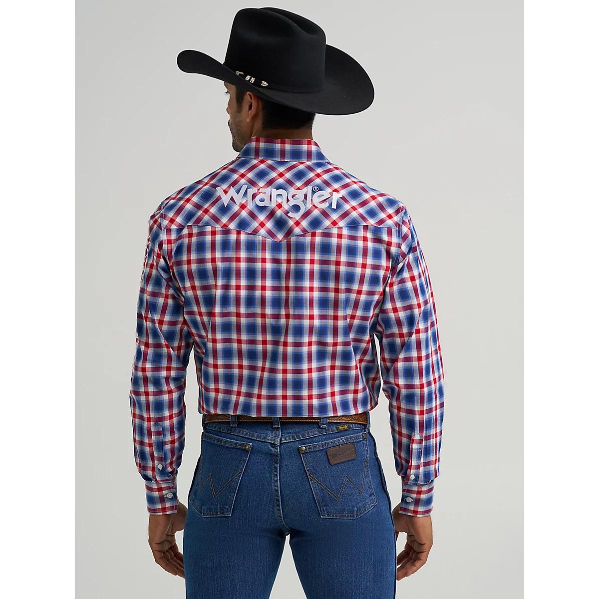 Men's Wrangler® Logo Long Sleeve Button-Down Plaid Shirt in Americana Product Image