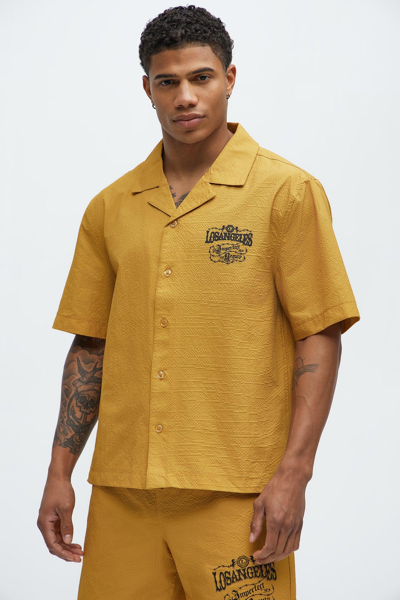 Waffle Crinkled Cuban Collar Shirt - Yellow Product Image