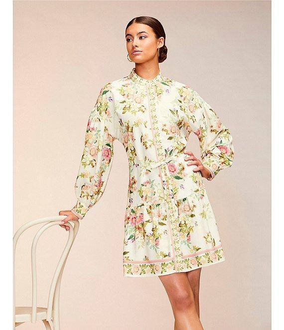 Alex Marie Wren Floral Print Banded Collar Long Sleeve Tie Waist A-Line Button Front Dress Product Image
