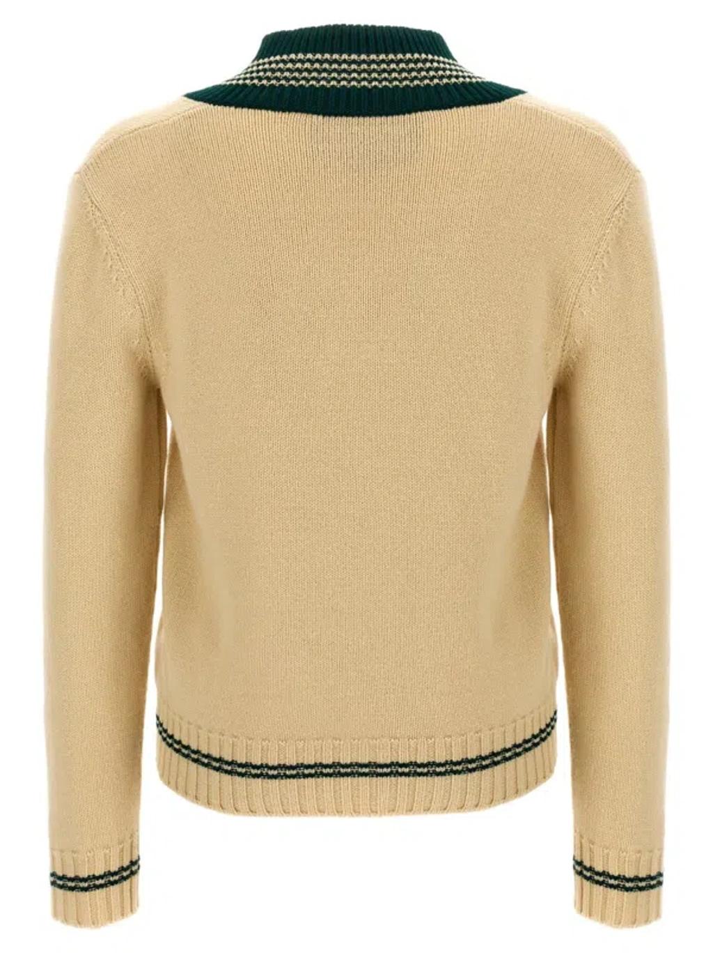 VALENTINO Embroidered V-neck Crewneck Sweater With Ribbed Trim In White Product Image