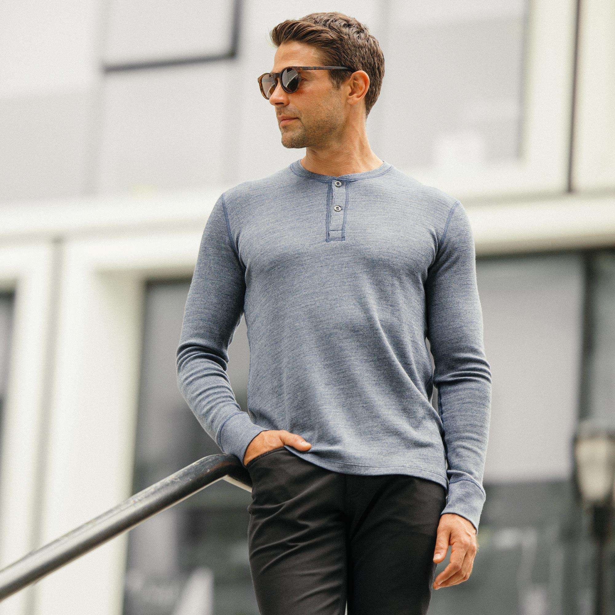 Merino Wool Waffle Henley | Aurora Blue Heather Product Image