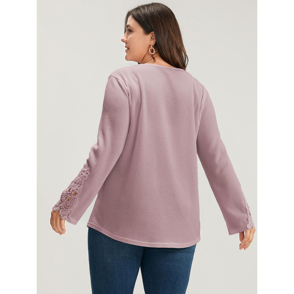 Plus Size Solid Button Up Waffle Knit Long Tee Lilac Women Elegant Plain Plain Round Neck Dailywear T-shirts BloomChic 12/L Product Image
