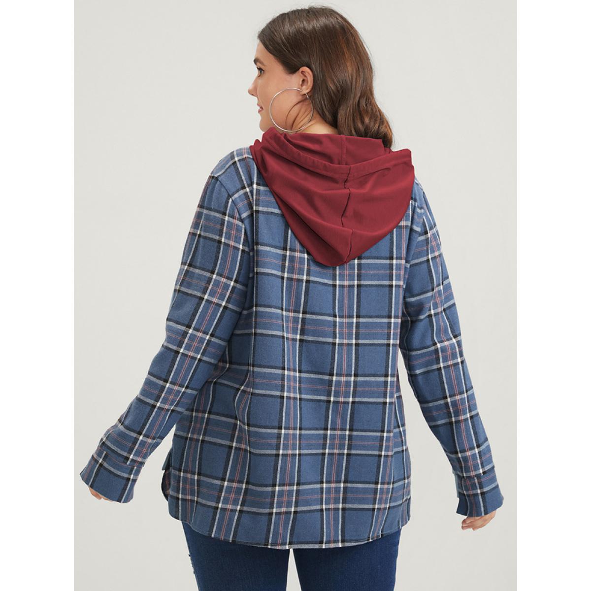 Plus Size Plaid Contrast Asymmetrical Drawstring Hooded Sweatshirt Women Scarlet Casual Contrast Loose Hooded Dailywear Sweatshirts BloomChic 14-16/1X Product Image