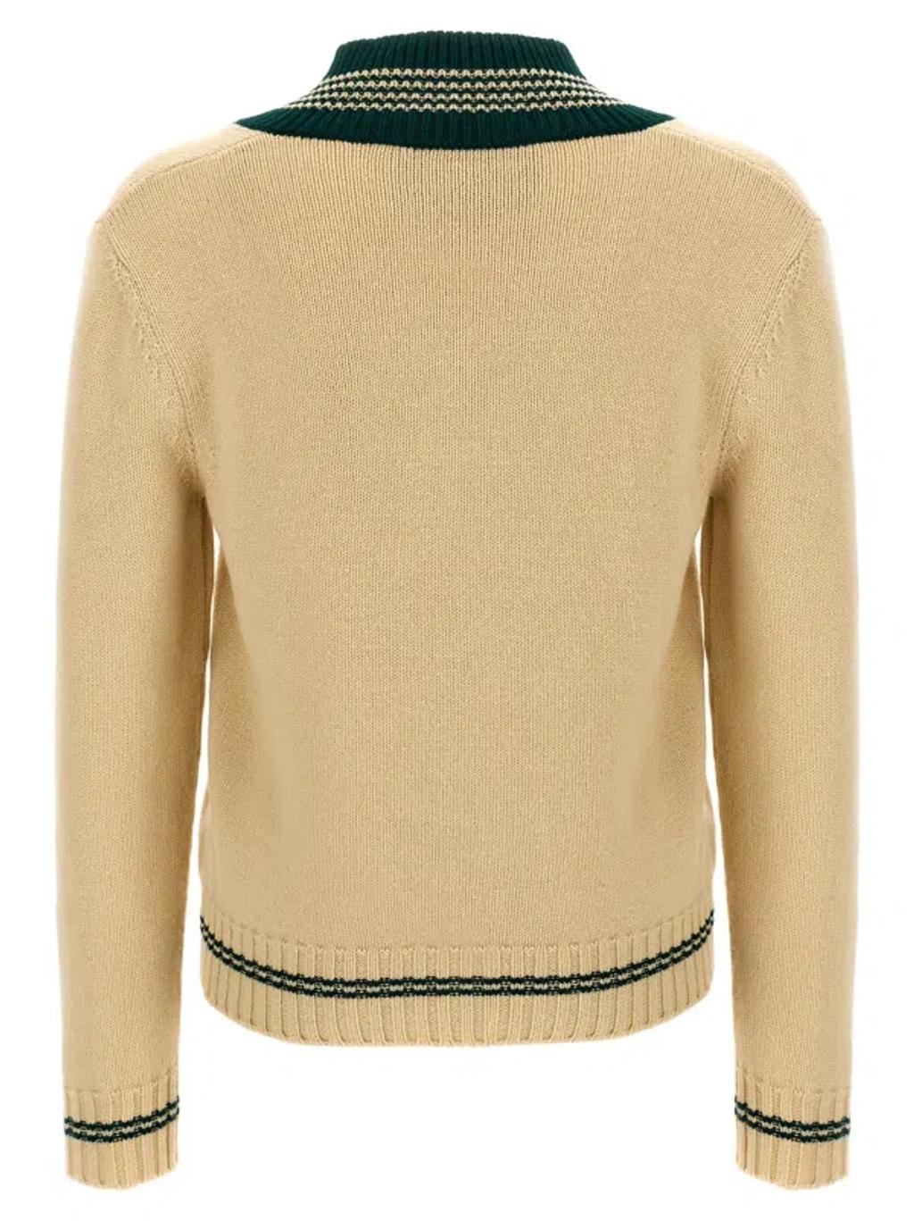 VALENTINO Embroidered V-neck Crewneck Sweater With Ribbed Trim In White Product Image
