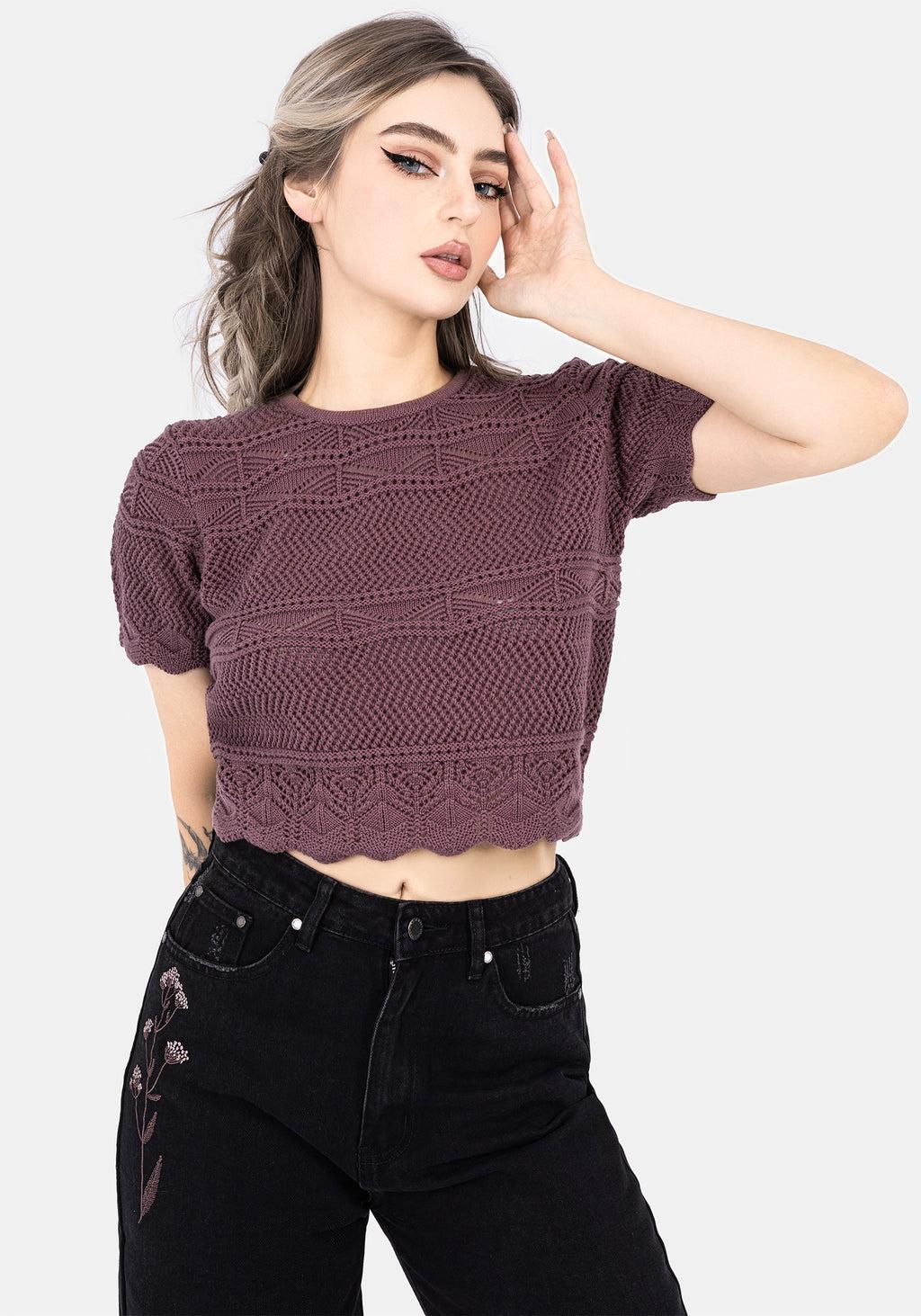 Hooked Pointelle Short Sleeve Crop Top - Purple Product Image
