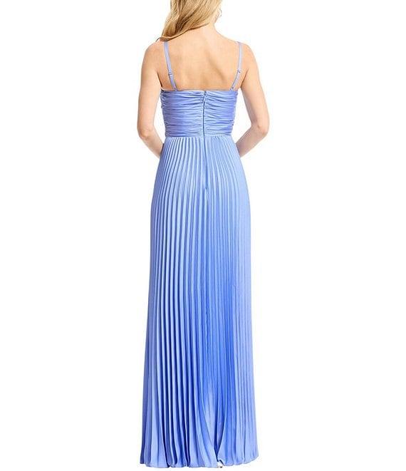 Dress the Population Aspen Sleeveless Asymmetrically Pleated Satin A-Line Maxi Dress Product Image