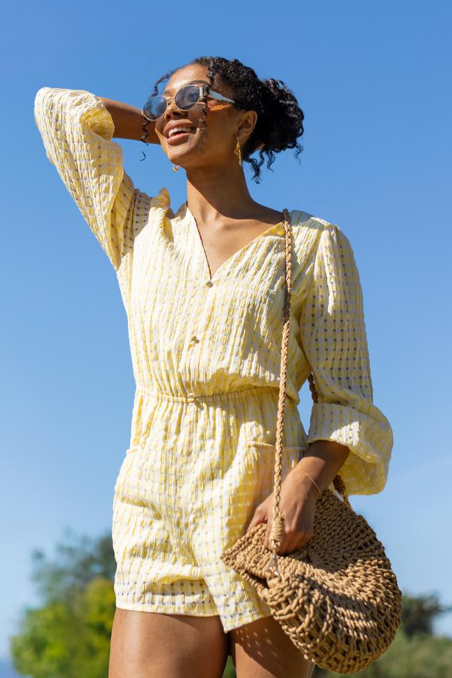 Set On You Yellow Gingham Long Sleeve Romper FINAL SALE Product Image