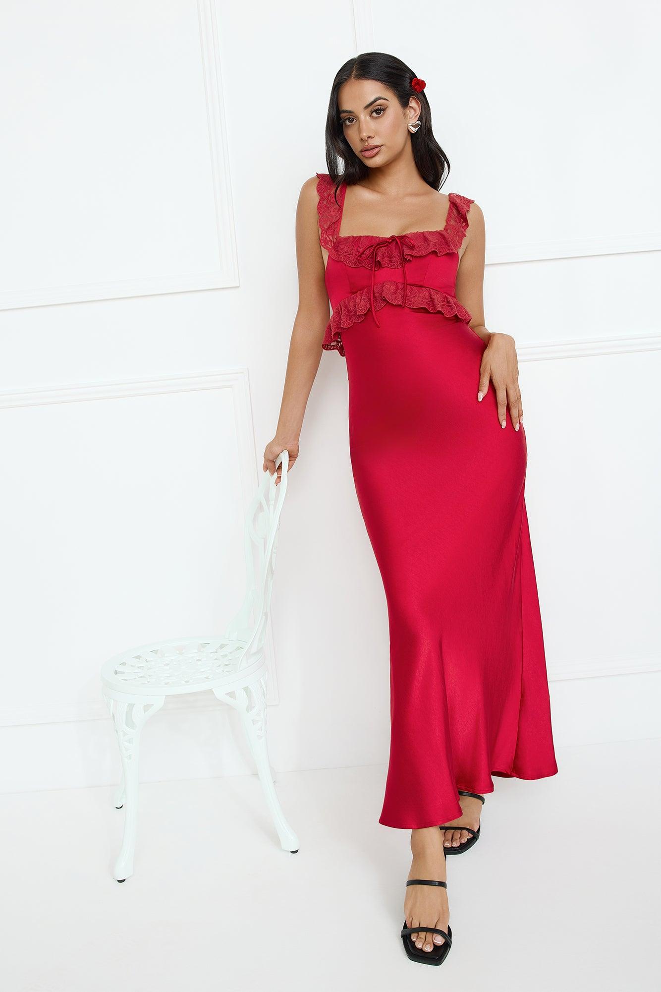 Waltzing In Romance Satin Maxi Dress Red Product Image