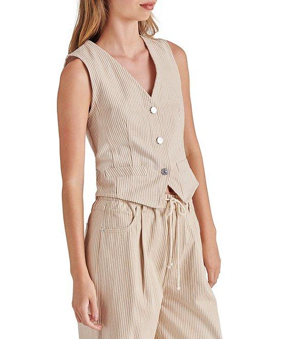 Steve Madden Selene Stripe V-Neck Sleeveless Button Down Denim Vest Product Image