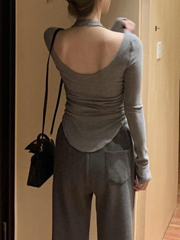 Solid Halter Backless Curvy Hem Long Sleeve Knit Product Image