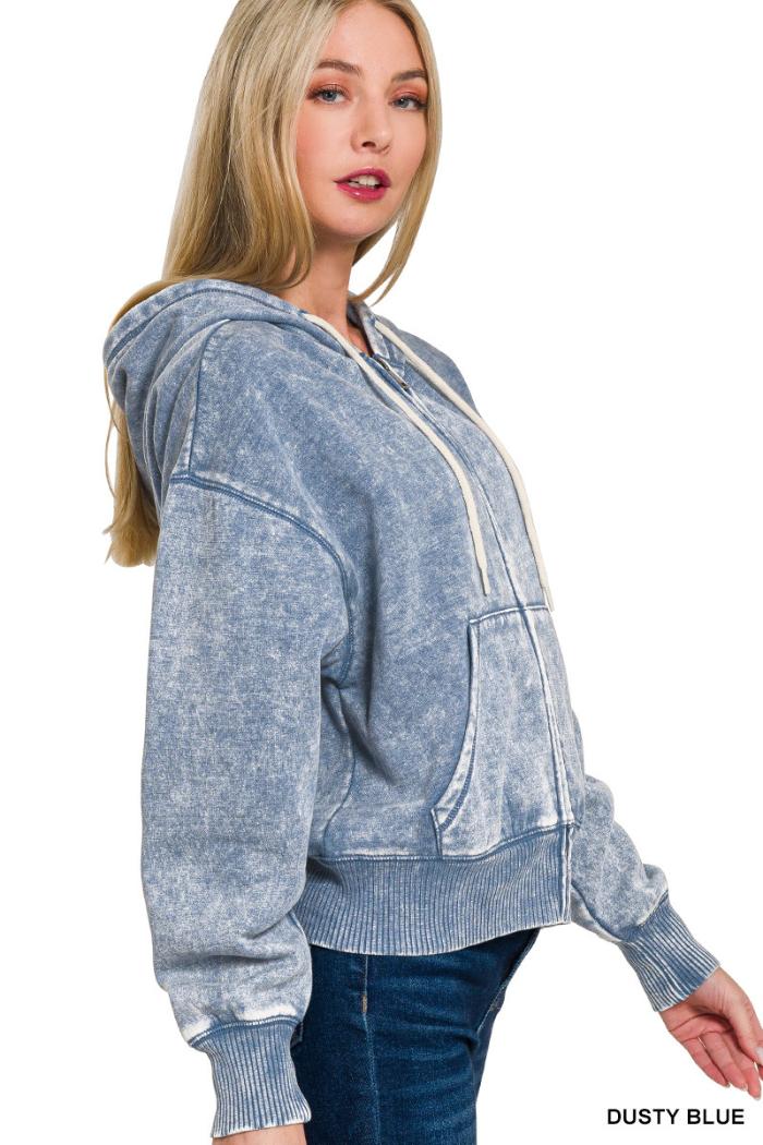 Acid wash fleece cropped zip-up hoodie w pockets Product Image