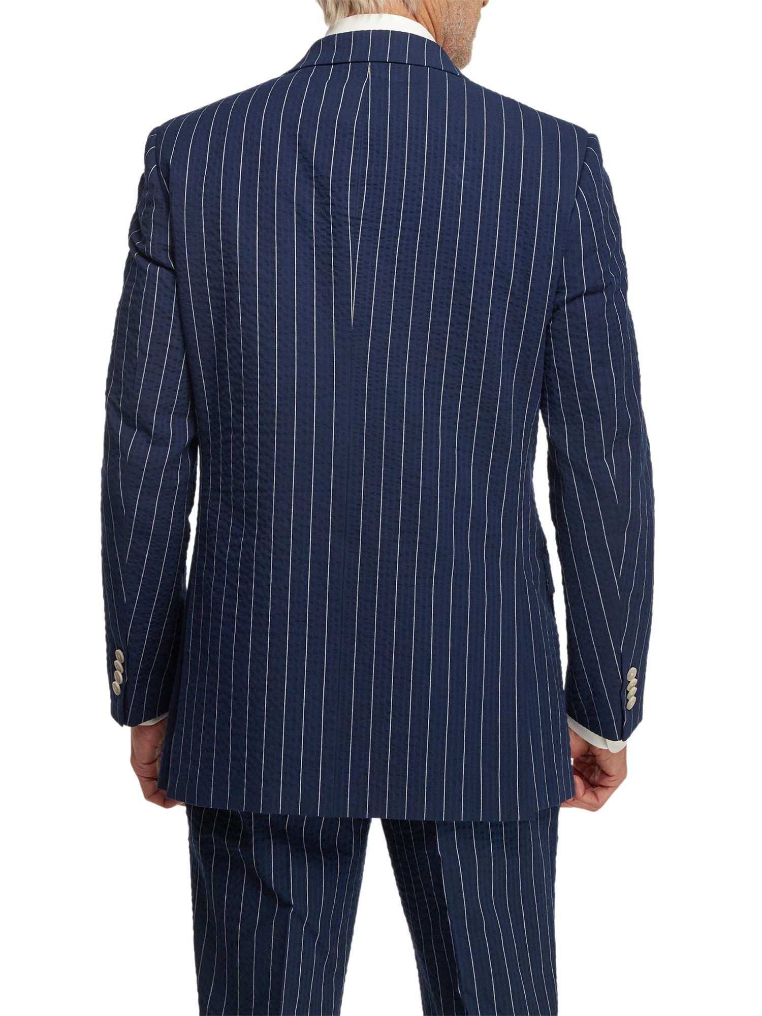 Cotton Stretch Pinstripe Seersucker Double Breasted Peak Lapel Suit Jacket - Navy Product Image