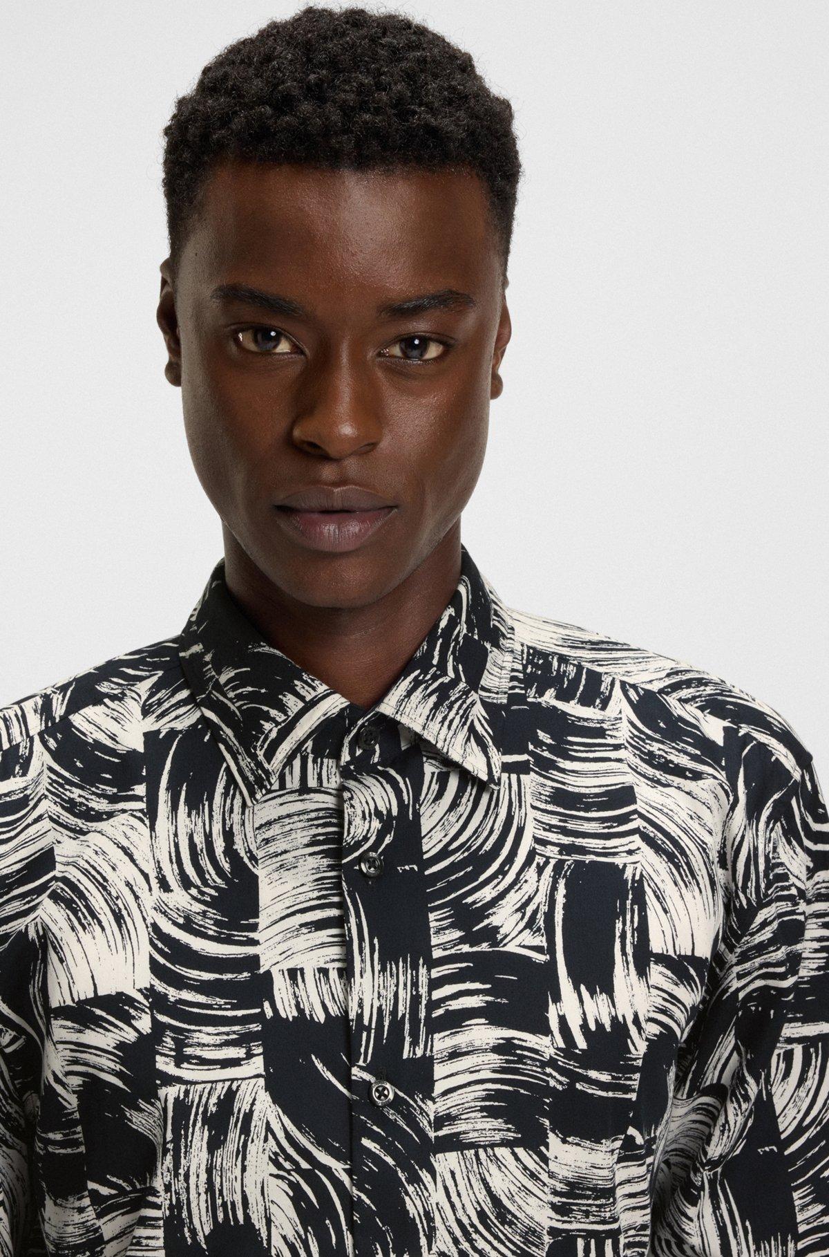 HUGO - Slim-fit shirt in abstract-printed cotton poplin - White Product Image