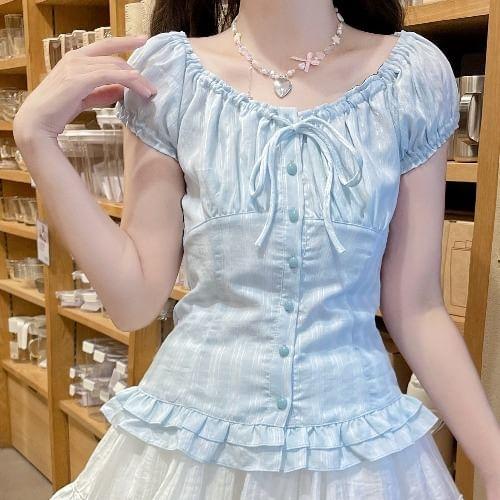 Puff-Sleeve Striped Bow Ruffle Blouse / High Waist Lace Trim Mini A-Line Skirt Product Image