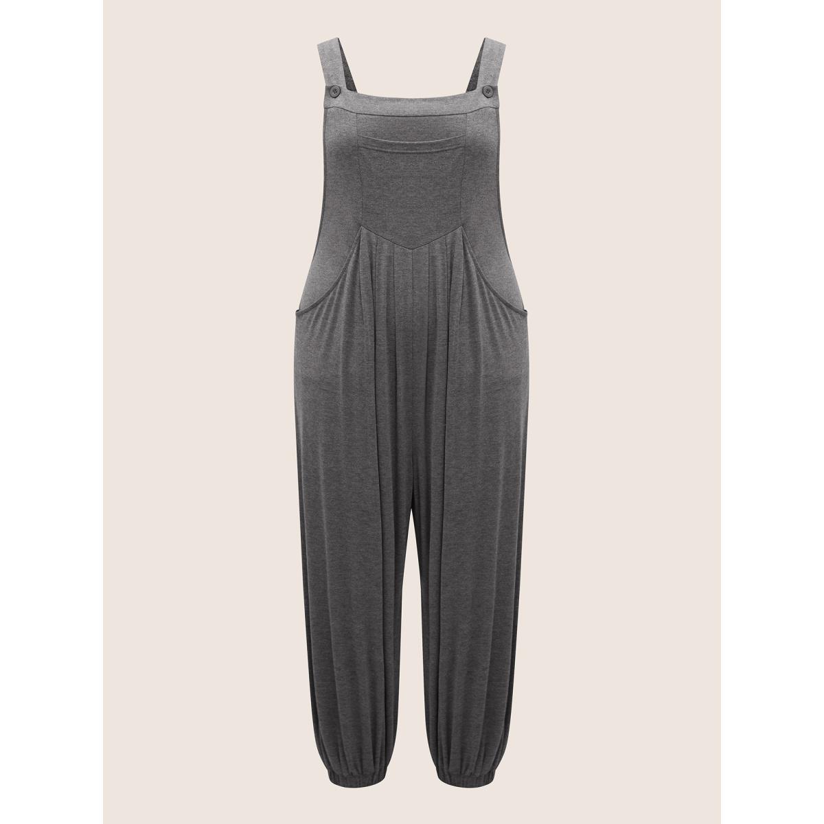 Plus Size DimGray Square Neck Patched Pocket Pleated Carrot Jumpsuit Women Casual Sleeveless Square Neck Everyday Loose Jumpsuits BloomChic 28/5X Product Image