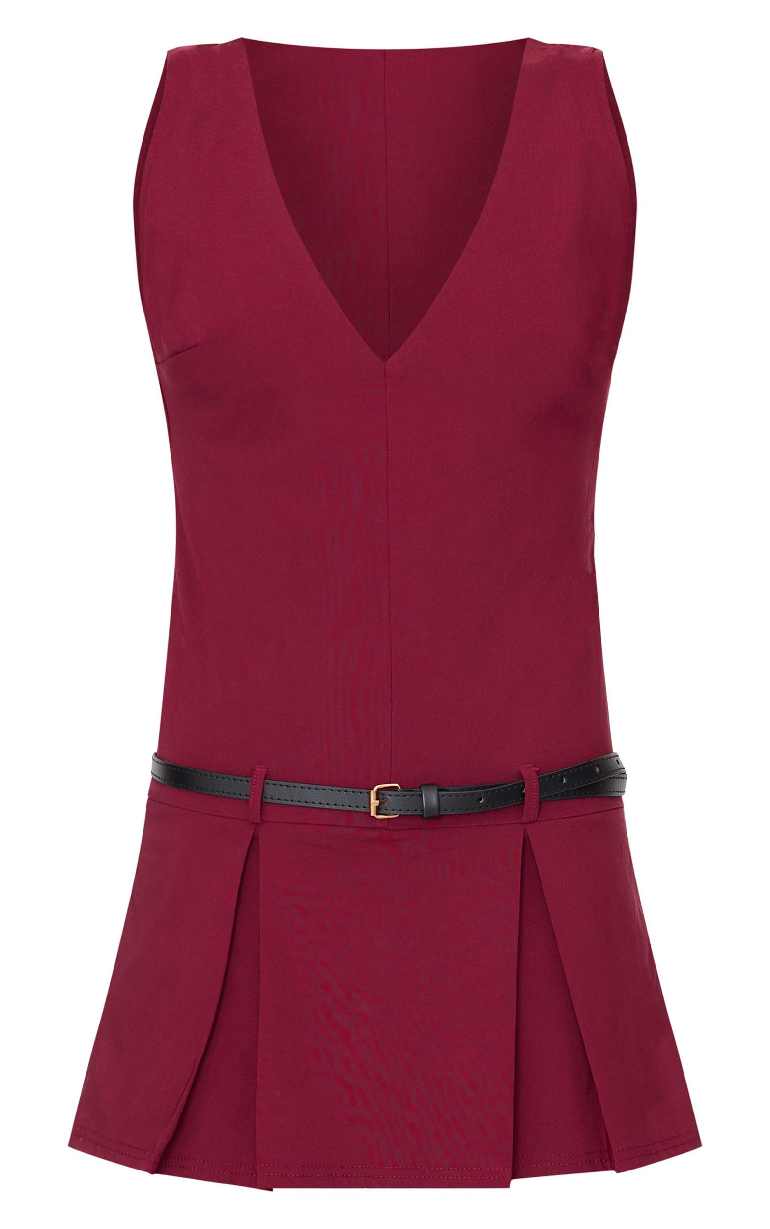 Burgundy Stretch Woven Pleated Belted Skort Romper Product Image