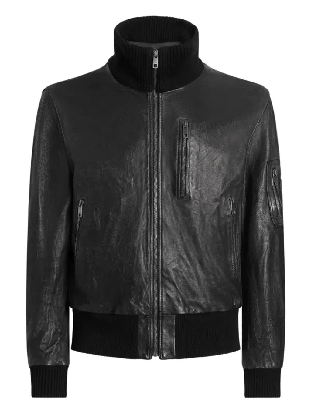 DOLCE & GABBANA Ribbed-collar Leather Jacket In Black Product Image