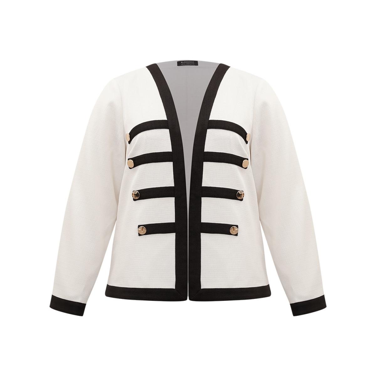 Plus Size Striped Patchwork Button Detail Contrast Jacket Women White Casual Contrast Ladies Dailywear Winter Coats BloomChic 14-16/1X Product Image