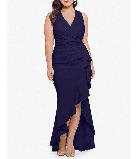 Betsy & Adam Plus Size Sleeveless V-Neck Cascade Ruffle Scuba Crepe Gown Product Image