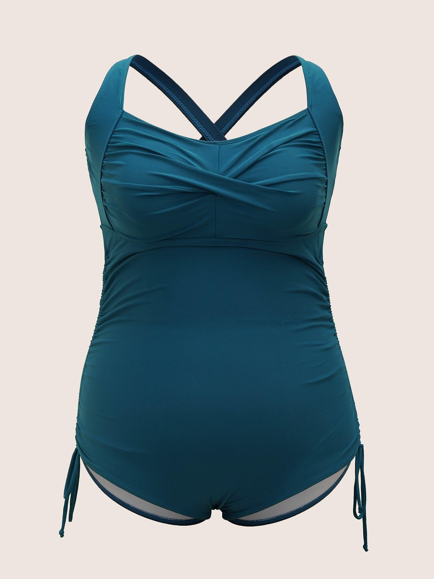 Plain Ruched Crossover Drawstring One Piece Swimsuit Female Product Image