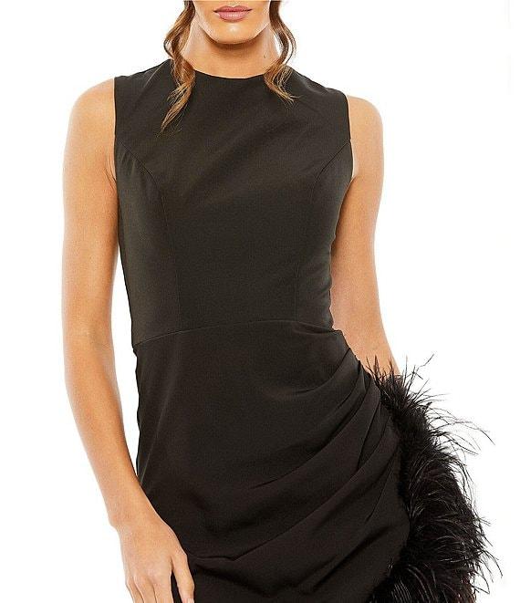 Mac Duggal Crew Neck Sleeveless High-Low Hem with Feather Trim Product Image