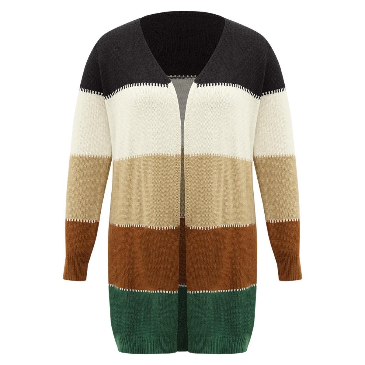 Plus Size Colorblock Patchwork Elastic Cuffs Open Front Cardigan Multicolor Women Casual Loose Long Sleeve Dailywear Cardigans BloomChic 18-20/2X Product Image