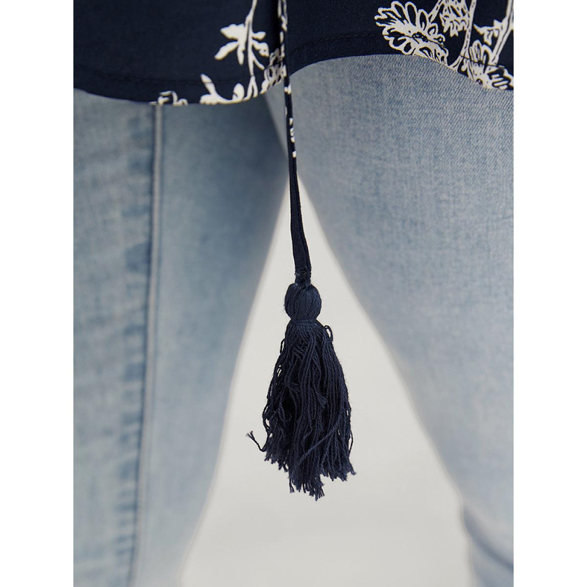 Plus Size Indigo Floral Tassels Tie Neck Contrast Lace Blouse Women Elegant Short sleeve Tie Neck Dailywear Blouses BloomChic 28/5X Product Image