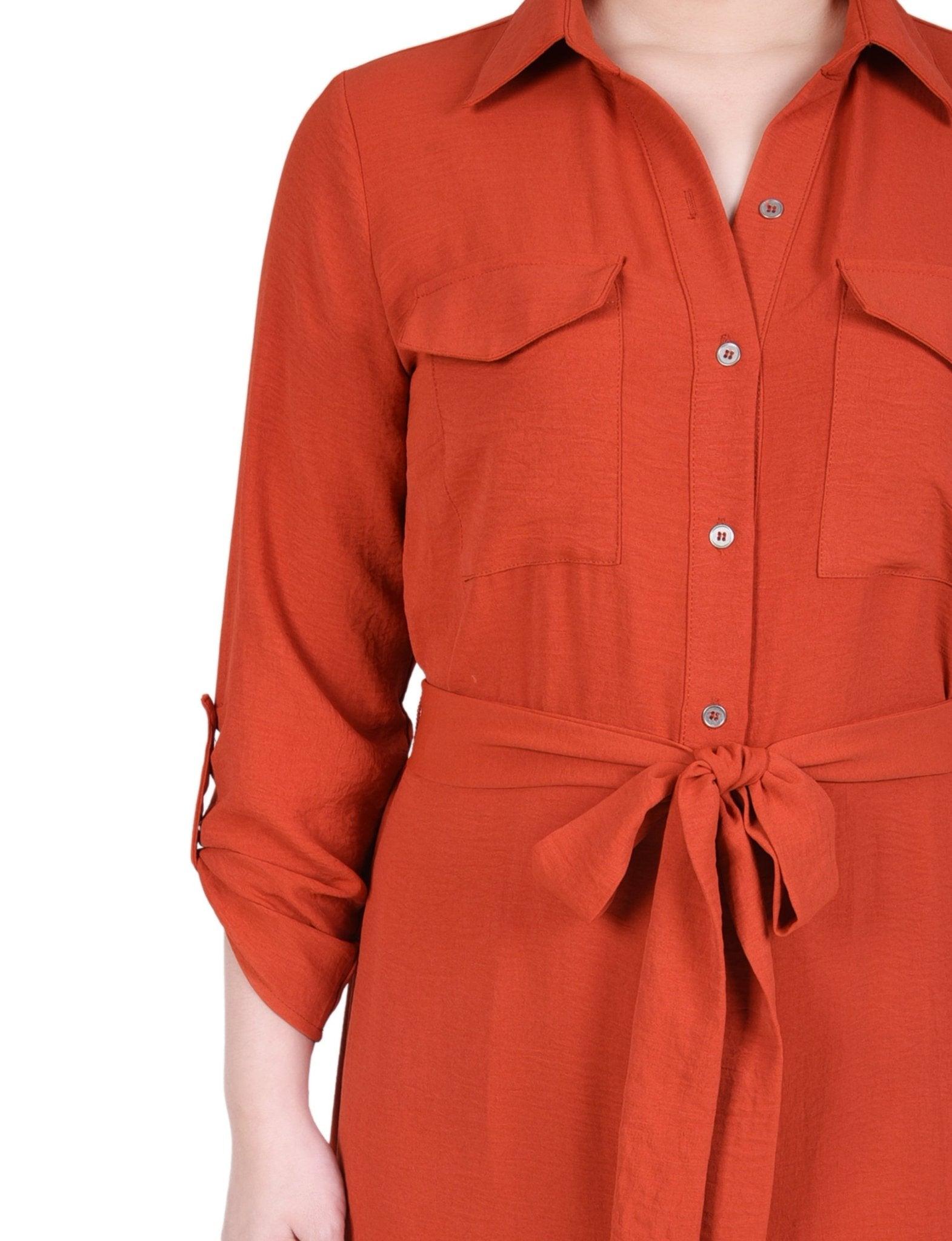 Burnt Olive Long Roll Tab Sleeve Shirtdress Product Image