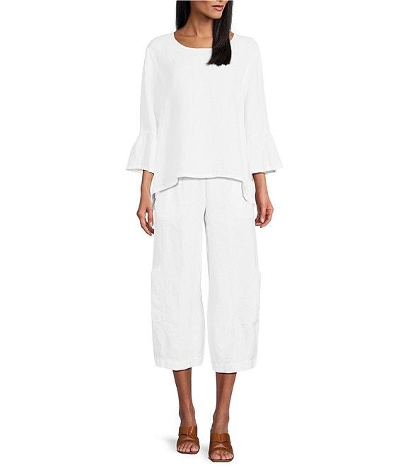 Bryn Walker Fran Basic Light Linen Round Neck Ruffle 3/4 Bell Sleeve High-Low Coordinating Shirt Product Image