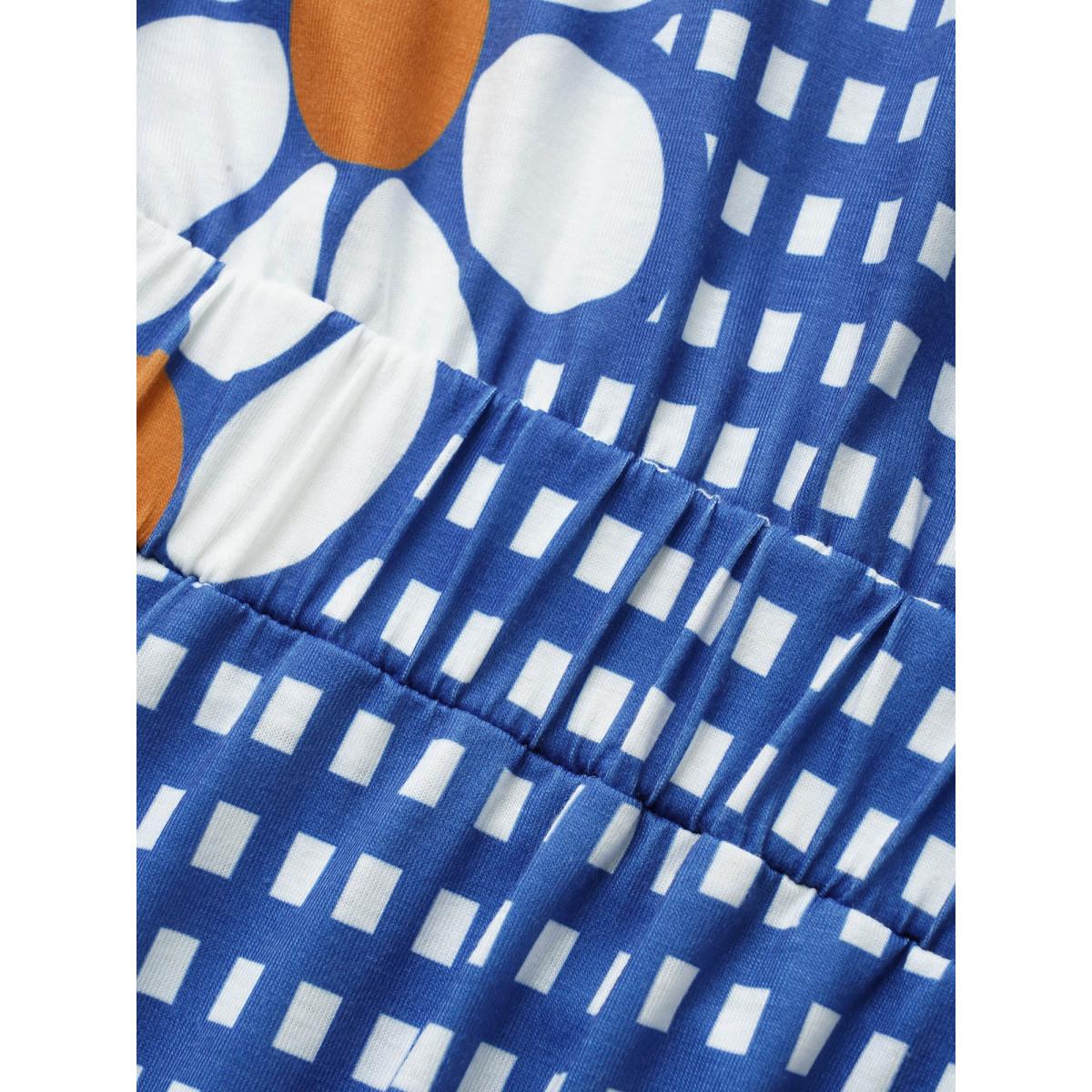 Plus Size Gingham Floral Elastic Waist Midi Dress Skyblue Women Casual Non Heart neckline Short sleeve Curvy BloomChic 30/6X Product Image