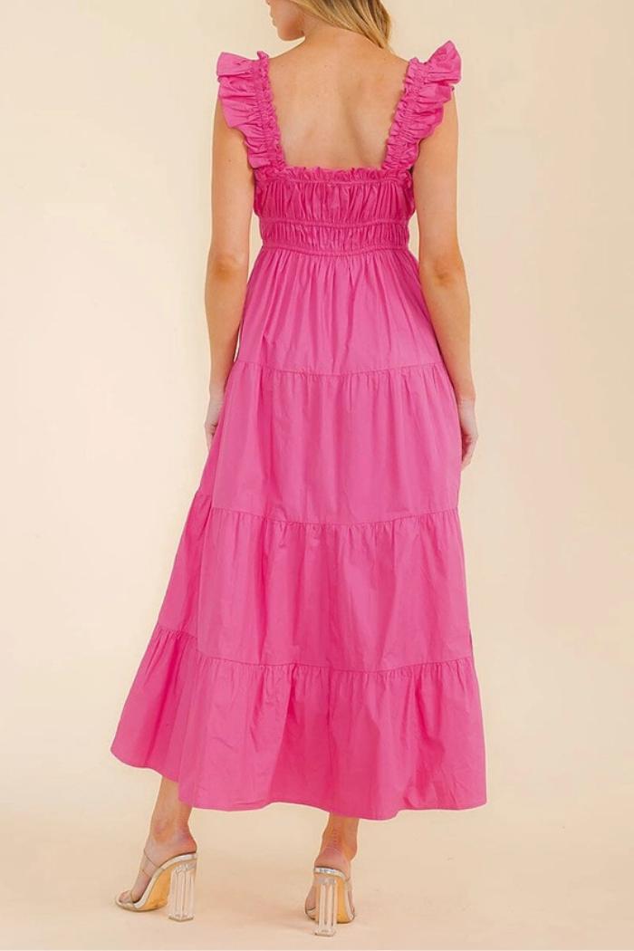 Solid Ruffle Sleeve Tiered Layered Maxi Dress Product Image