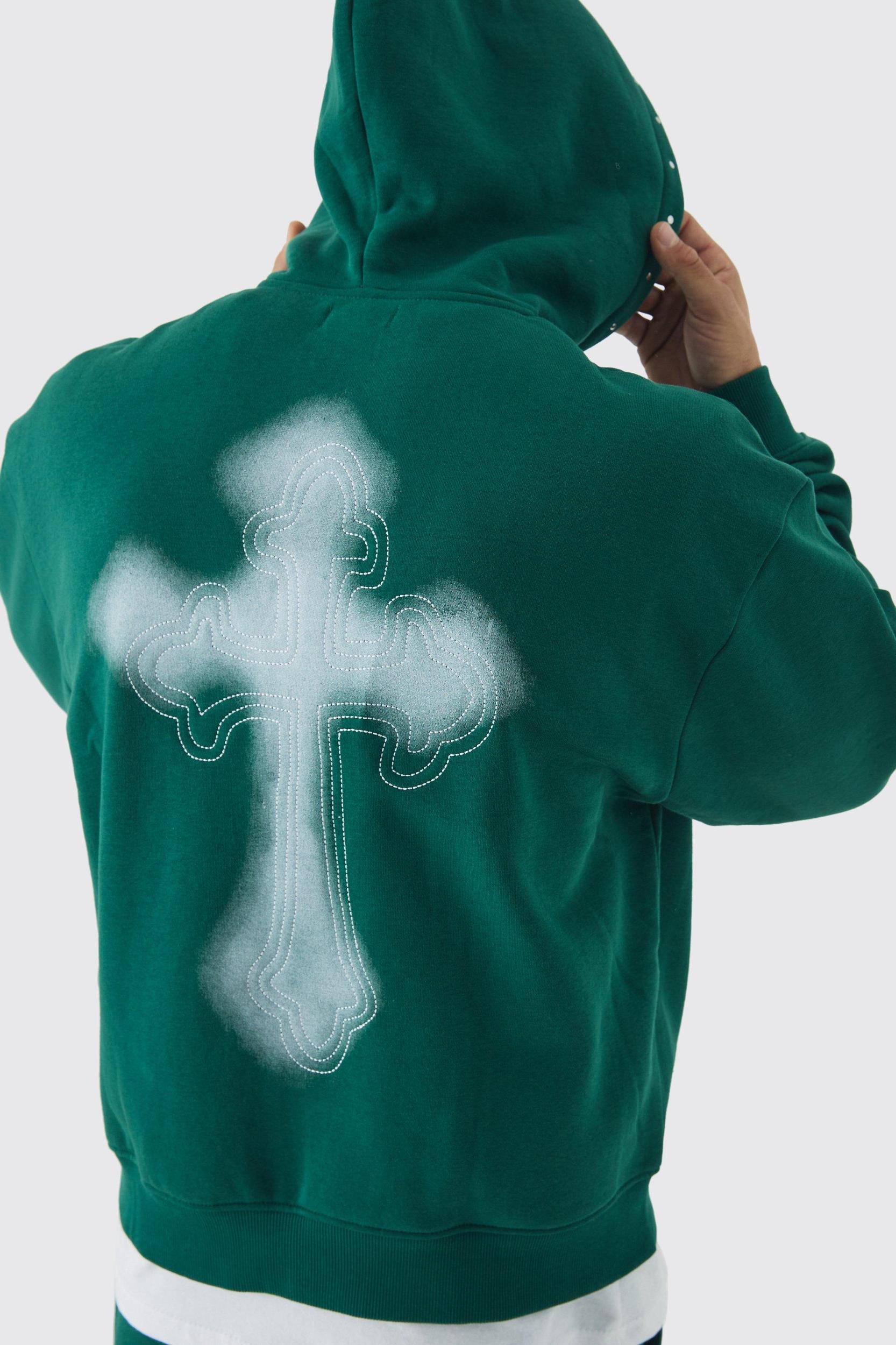 Oversized Boxy Cross Embroidered Zip Through Hooded Tracksuit | boohooMAN USA Product Image