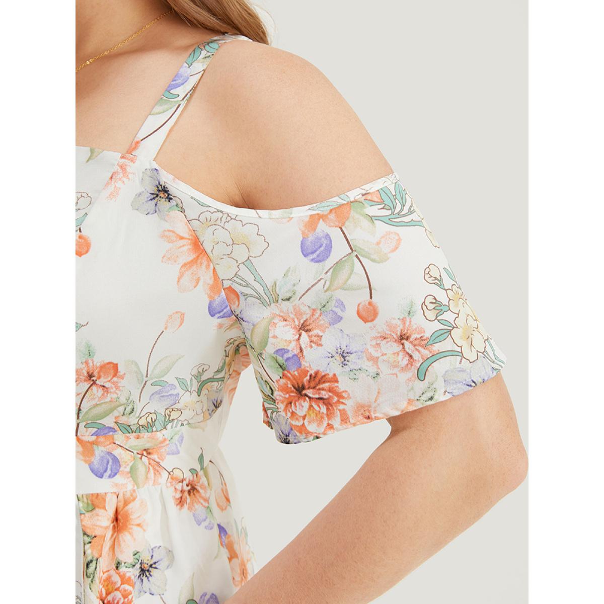 Plus Size Floral Print Cold Shoulder Pocket Split Ruffle Trim Dress WhiteSmoke Women Elegant Adjustable Straps Cold Shoulder Short sleeve Curvy Midi Dress BloomChic 30/6X Product Image