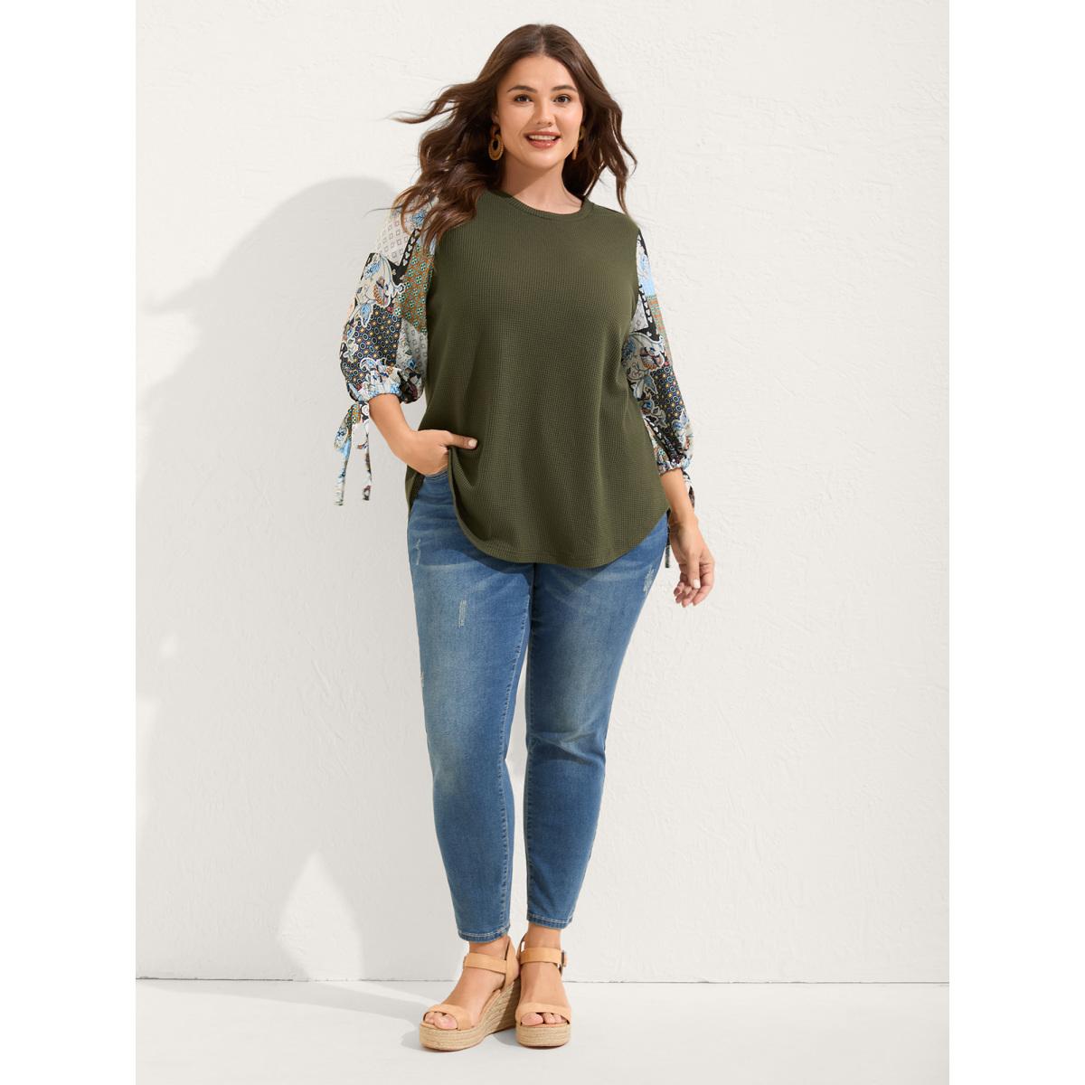 Plus Size Boho Print Ribbed Sleeve Tie Sweatshirt Women ArmyGreen Boho Round Neck Vacation Sweatshirts BloomChic 10/M Product Image